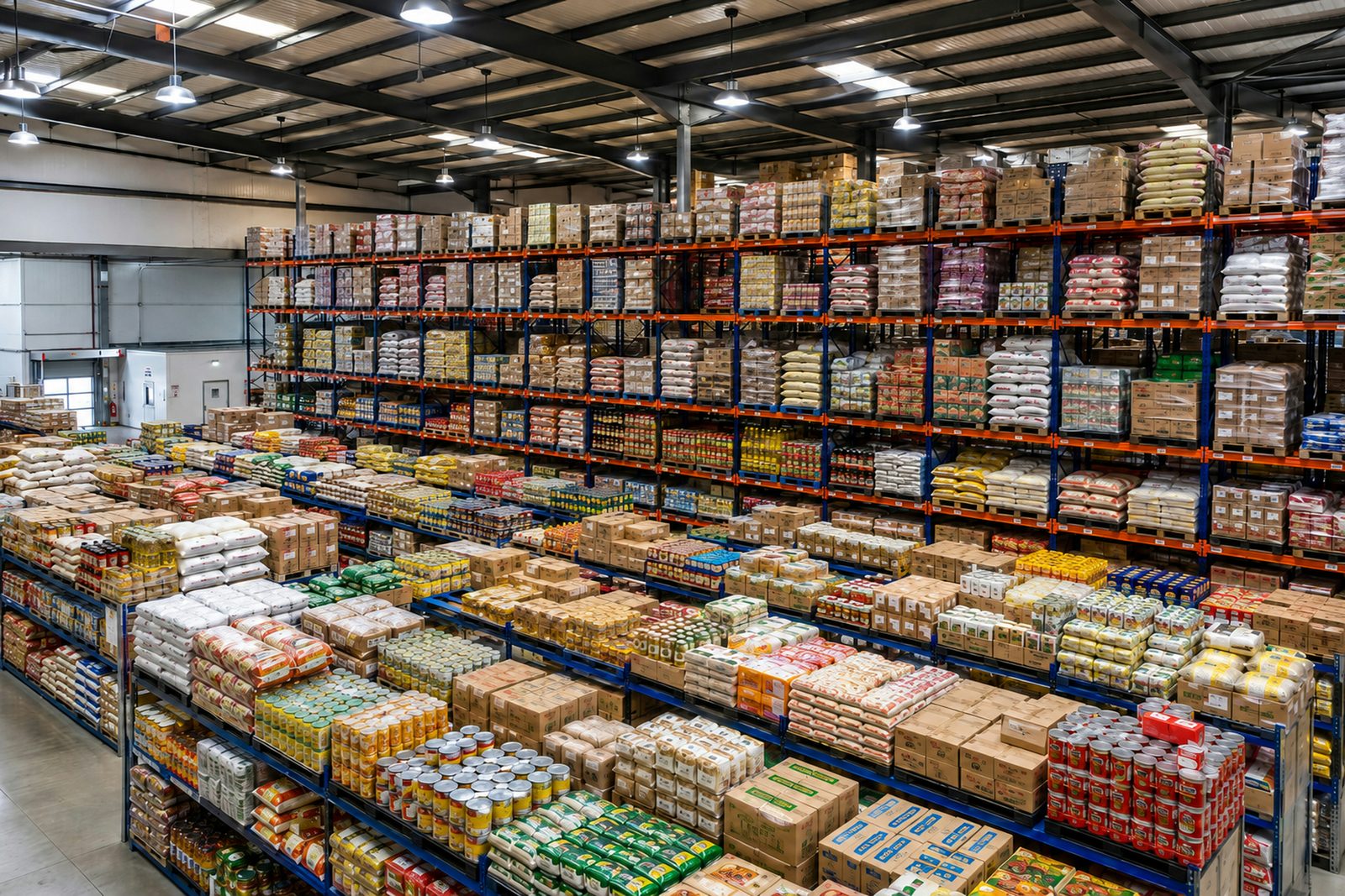 Aisles of packaged food in a distribution warehouse